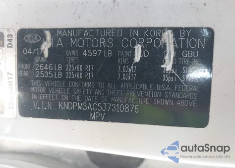 2018 Kia Sportage Lx z USA, uszkodzony, nr VIN KNDPM3AC5J7310876